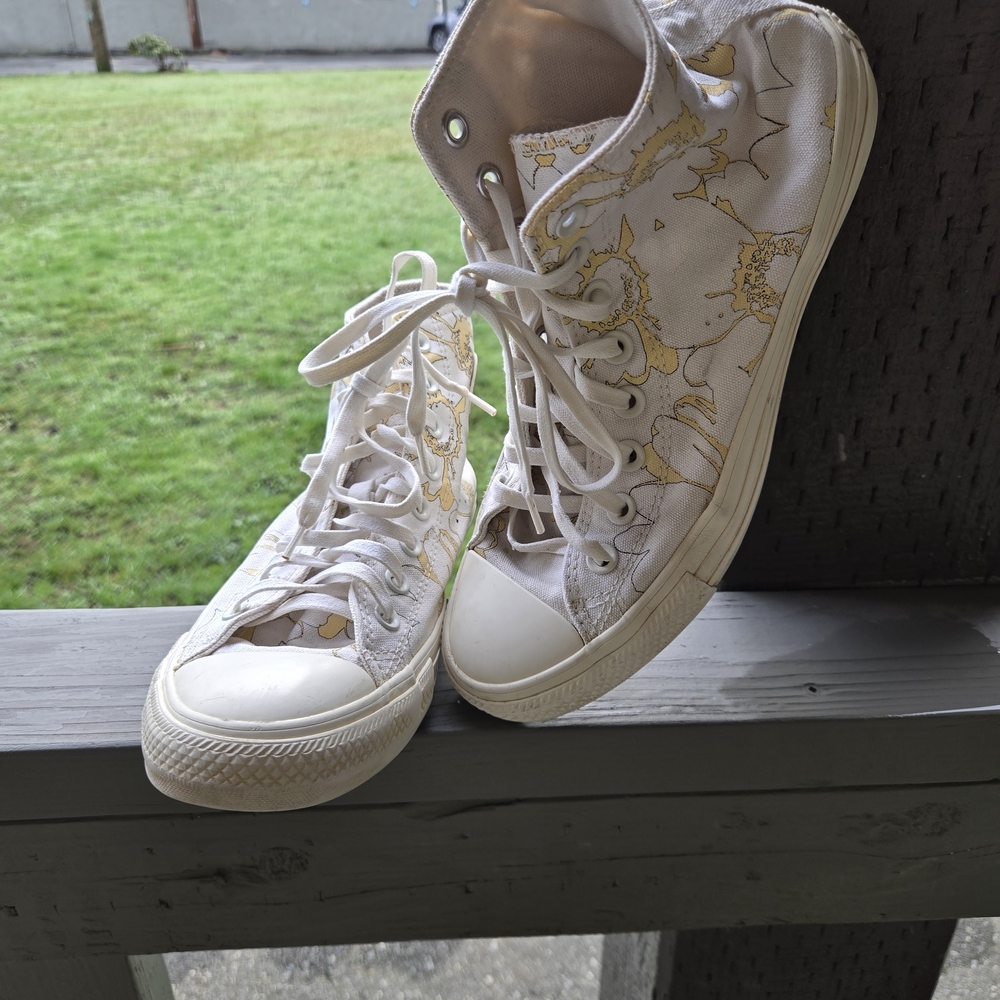 Converse White and Gold Floral High-Tops